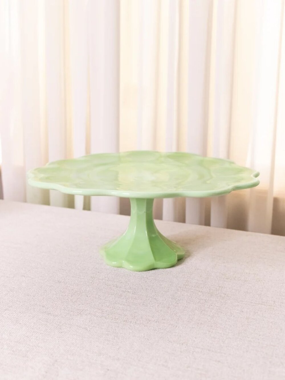 Large Green Milk Glass Scalloped Cake Stand